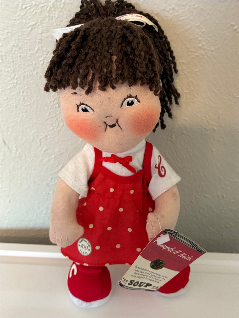 Red Polka Dot Kids Plush Doll with Soup Can Accessory